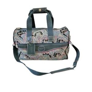 Airway 1980s Carry On Weekend Green Floral Tapestry‎ Carpet Bag Footed Retro Vtg